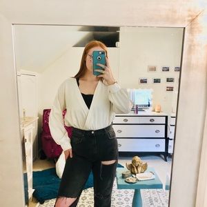 White long sleeve wrap bodysuit